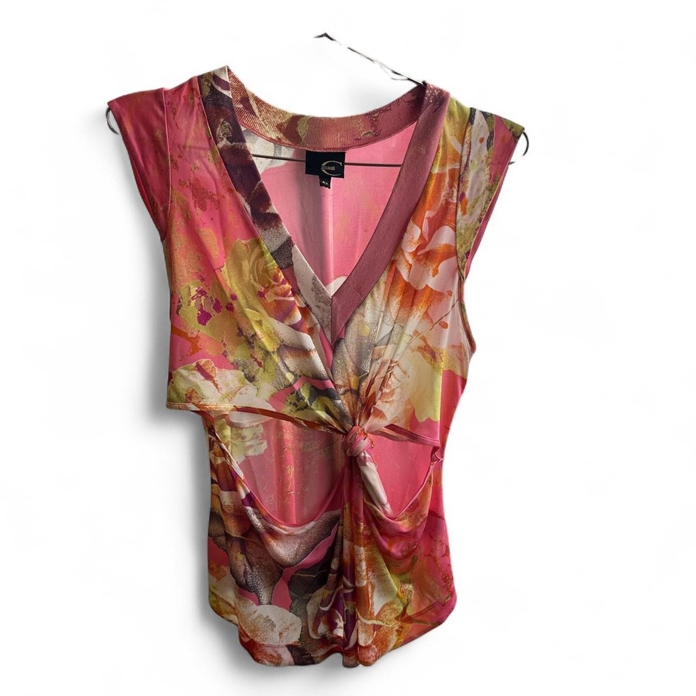 Just Cavalli pink floral top with tie front detail. Size: 42